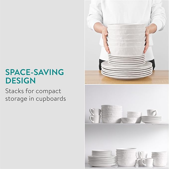 Navaris Linen Artisan Stoneware Dinnerware Set (18 Pieces) - White Dinnerware with Dinner Plates, Side Plates, and Pasta Bowls - Dishwasher and Microwave Safe