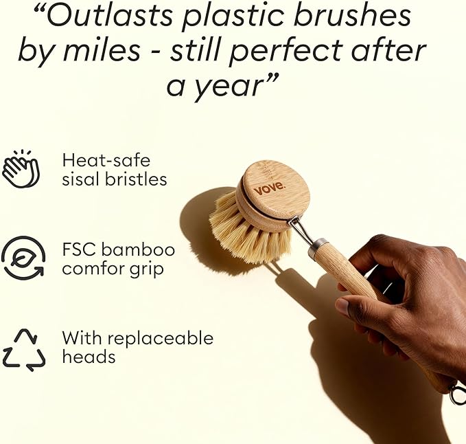 Vove Bamboo Dish Brush, FSC-Certified - Includes 3 Replacement Heads - Natural Fiber Bristles - Non-Toxic, Plastic-Free - Scrub Brush for Pots, Pans & Dishes