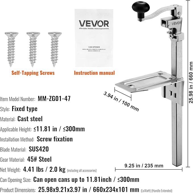 VEVOR Commercial Can Opener, Heavy-Duty Manual Tabletop Cans Opener for Cans Up to 11.8 in Height, Height-Adjustable Professional Can Openers Fixed with Screws, for Restaurant, Hotel, and Food Store