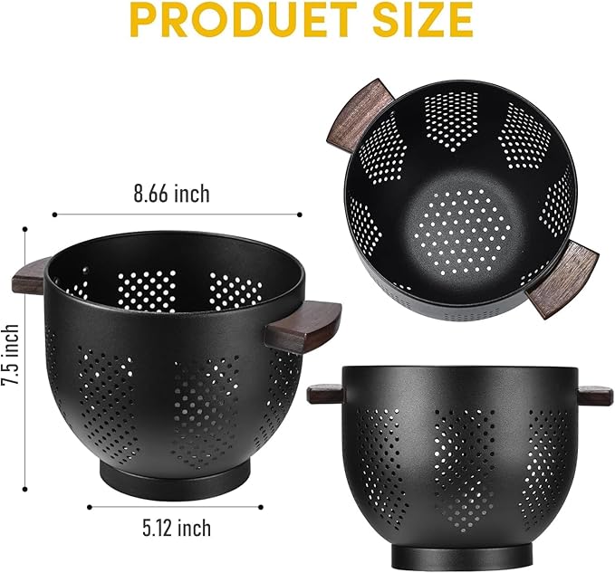Metal Colander with Wood Handle & Self-Draining Base | 5.8QT Large Pasta Strainer for Kitchen | Scratch-Resistant Powder Coated Steel Basket for Vegetables, Fruit, Berries (Matte Black)
