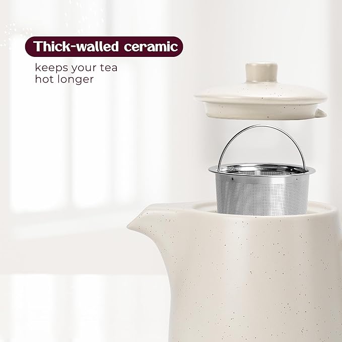 Ceramic Teapot with Infuser - 40 oz Large Teapot with Strainer - Tea Pot Ceramic for Loose Tea - Ceramic Tea Pots for Tea (Warm Grey/Beige)
