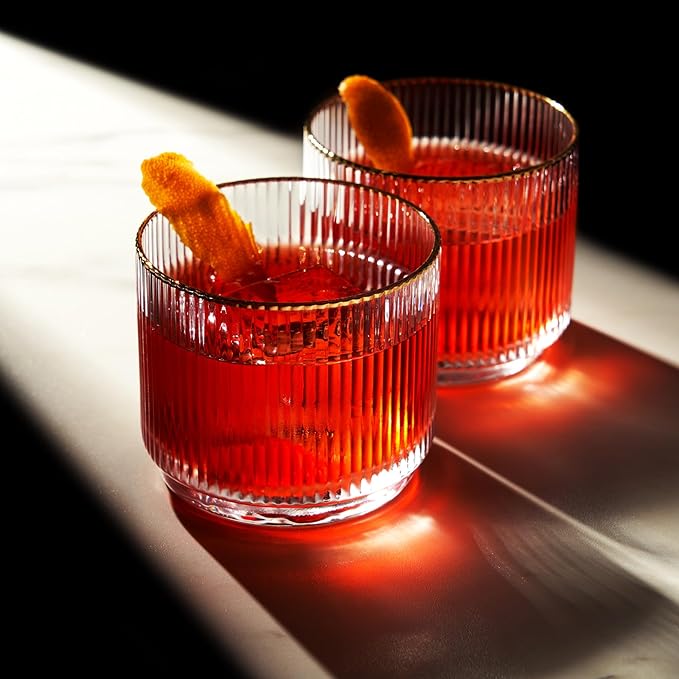 Viski Meridian Crystal Lowball Tumblers, Art Deco Whiskey Glasses, Crystal Scotch Glasses, Old Fashioned Glasses, Ribbed Glassware 12oz Set of 2