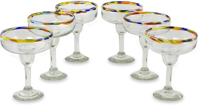 NOVICA Artisan Handmade Blown Glass Margarita Clear Multicolor Mexico Tableware Drinkware 'Confetti Path' (set of 6)