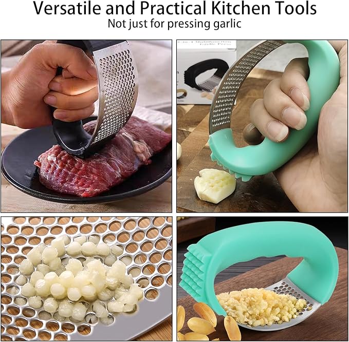Upgraded Garlic Press Rocker, 2025 New Stainless Steel Garlic Presser, Garlic Mincer Crusher Masher with Peeler and Cleaning Brush, Garlic Chopper for Smash Garlic Kitchen Gadgets Tools (A-GREEN)
