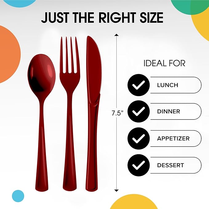 Party Solids Burgundy Plastic Silverware Heavy Duty 150 Pieces Burgundy Disposable Silverware Heavy Duty, Utensil Sets, 50 Of Each Forks, Knives & Spoons Disposable Cutlery Set For Party Supplies