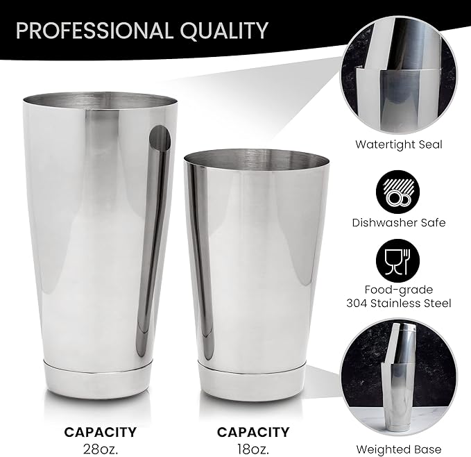 Professional Bartending Set for Shaken and Stirred Drinks: Boston Cocktail Shaker, Hawthorne Strainer, Japanese Jigger, Bar Spoon and Crystal Mixing Glass