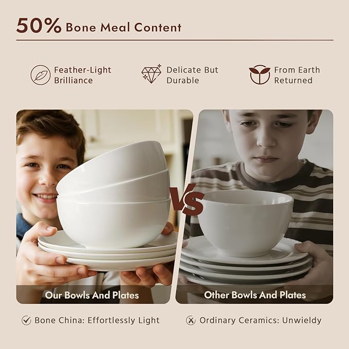 KINGSTONE Bone China Dinnerware Sets, 24-Piece Dinnerware Set for 8, Lightweight Durable, Dishwasher Safe, Tableware for Daily Use with Elegant Design, White