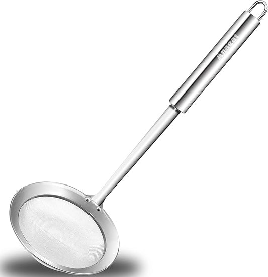 Anaeat 4.7" Stainless Steel Fat Skimmer Spoon - Professional Kitchen Fine Mesh Food Strainer and Hot Pot Skimmer with Long Handle for Skimming, Cooking, Frying, Grease, Gravy and Foam