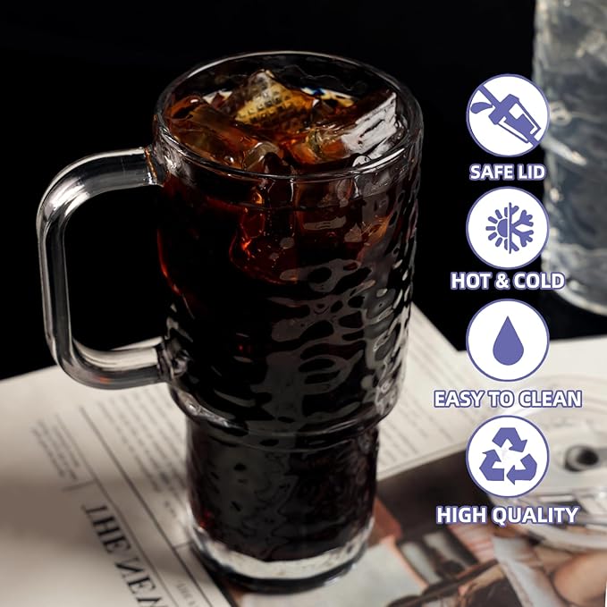 20 oz Glass Tumbler with Handle Set, 2 Pcs Clear Stanley Cup with Straw and Lid, Reusable Glass Cups for Coffee, Tea, Coffee, Juice, Yogurt, And Soda Water