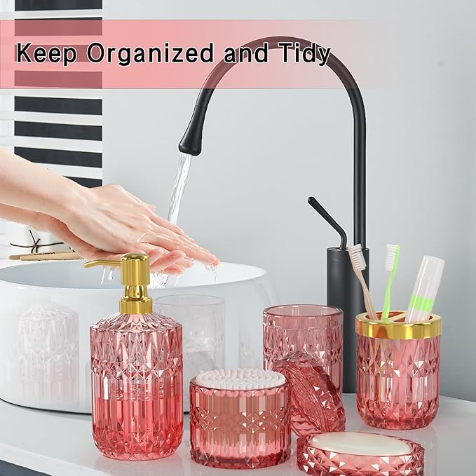 New Pink Bathroom Accessories Set, 5 Pcs Clear Glass Bathroom Accessories Sets with Lotion Soap Dispenser, Soap Dish, Toothbrush Holder, Bathroom Tumbler, Cotton Swab Jars, Perfect for Bathroom Decor