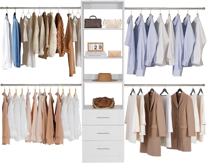 VEVOR Closet System with 3 Drawers, Adjustable Height Wooden Closet Organizers, Modern Walk-in Wardrobe Organization with 4 Retractable Clothes Hanger Rods, Freestanding Garment Rack Storage, White