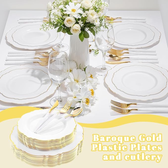 WDF 30Guest Gold Plastic Plates - High-end Baroque Design - 10.25&7.5in Wedding White and Gold Plates Disposable for Christmas Parties/Wedding