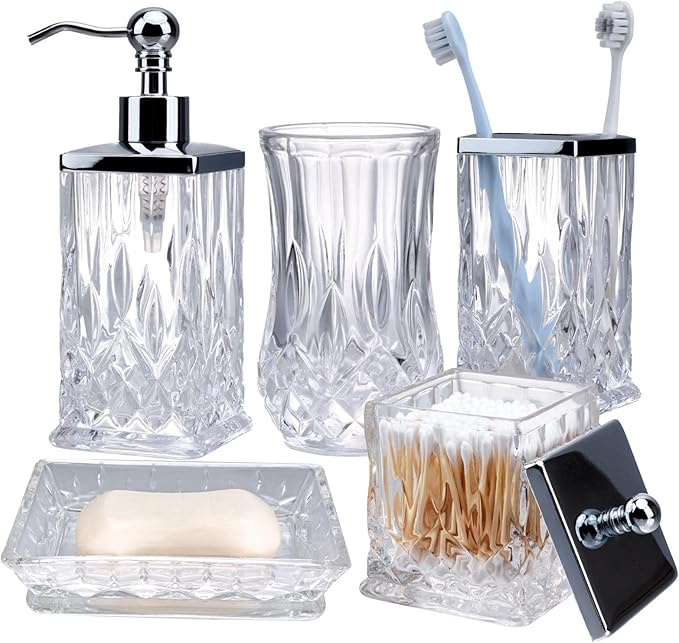 Bathroom Accessories Set,5 Pcs Clear Glass Bathroom Accessory Set,Complete Lotion Soap Dispenser,Toothbrush Holder, Soap Dish,Tumbler & Jar,Modern Bathroom Decor Sets,Gift for Home Apartment,Square