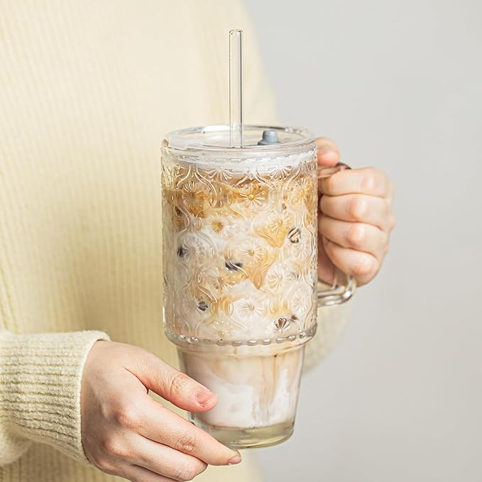 KEMORELA 24 Oz Ribbed Glass Tumblers with Lids and Straws, Tumbler Cup with Handle, Iced Coffee Glassware, Clear Reusable Drinkware for Smoothies and Beverages(1)