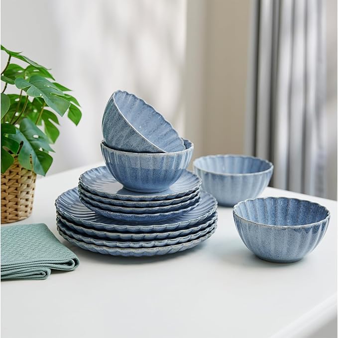 Sango 12 Pieces Stoneware Dinnerware Set, Modern Reactive Blue Dishes for 4, Premium Serving Plates and Bowls Sets, Chip Resistant Plate, Ceramic Dishware, Kitchen Dish Set, Scallop Dining Ware, Frill