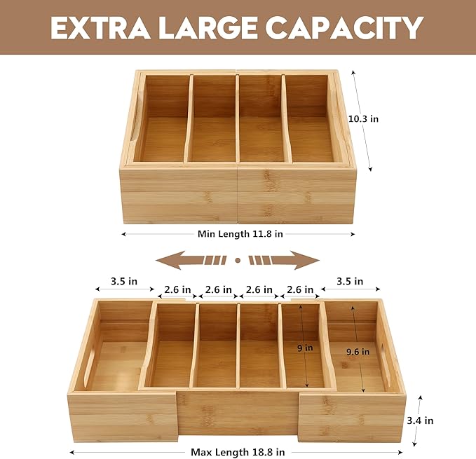 Expandable Food Container Lid Organizers Inside Cabinet, Bamboo Lids Organizer with 3 Adjustable Dividers Groove Design, Food Storage Plastic Lid Holder for Kitchen Storage, Organization
