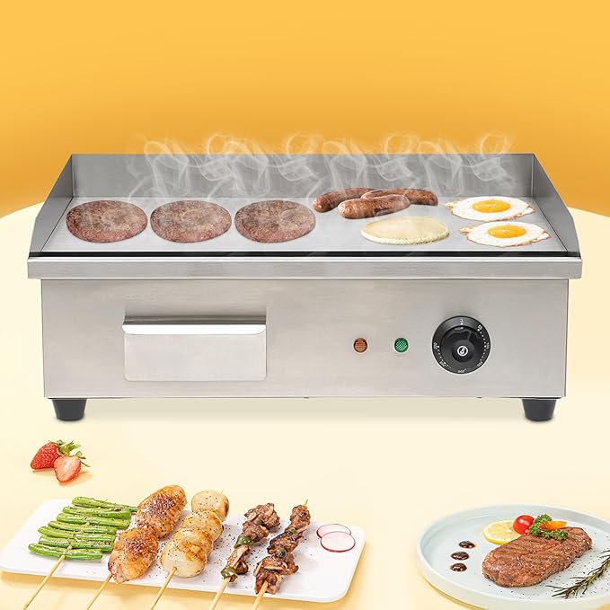 Electric Countertop Griddle Commercial BBQ Grill, Stainless Steel BBQ Flat Top Grill Hot Plate Countertop Electric Stove with Adjustable Thermostatic Control for Steak Kitchen (3KW Style B)
