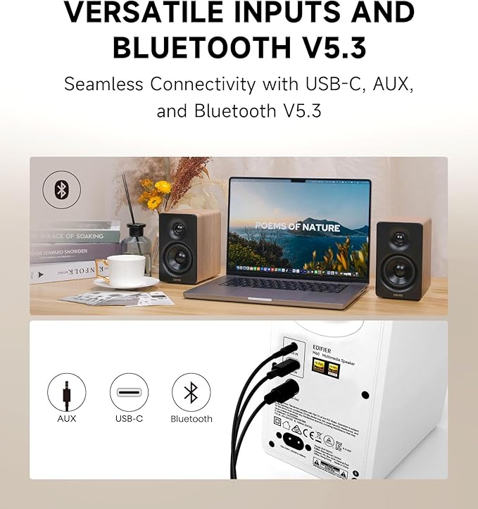 Edifier M60 Multimedia Speaker Bluetooth 5.3, 66W RMS, Hi-Res Audio & Hi-Res Wireless Audio, LDAC,3" Mid Bass & 1" Tweeter, USB-C & Aux Inputs, Compact Desktop Speaker – Classic Oak