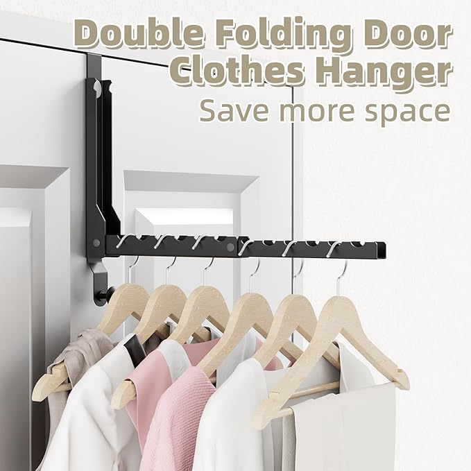 BAKON Over The Door Hangers, Over Door Hooks for Hanging, Small Space Dual Folding Portable Over Door Clothes Hanger for Clothes, Hats, Bags and Towels (1Pack,Black(Update))