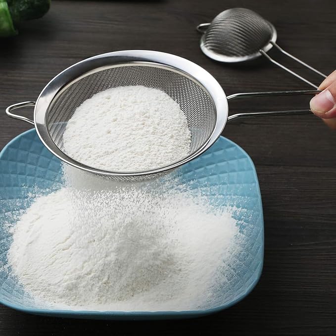 ELEEN Premium Stainless Steel Fine Mesh Strainers for Kitchen 3-Piece Set with Non-Slip Handle, Small, Medium & Large Sieves, Colanders and Sifter for Sifting, Straining, Pastas Tea, Rice Vegetables