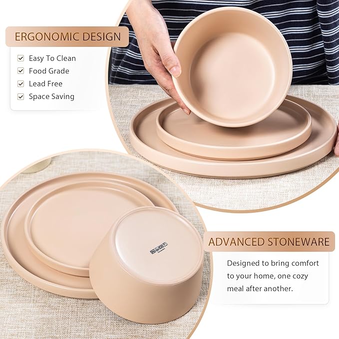 Dinnerware Sets for 4 - CJDC-QUELO 12-Piece Stoneware Plates and Bowls Sets, Ceramic Dishware Sets for Kitchen Use and Formal Dining, Chip and Scratch Resistant Microwave Dishwasher Safe, Brown