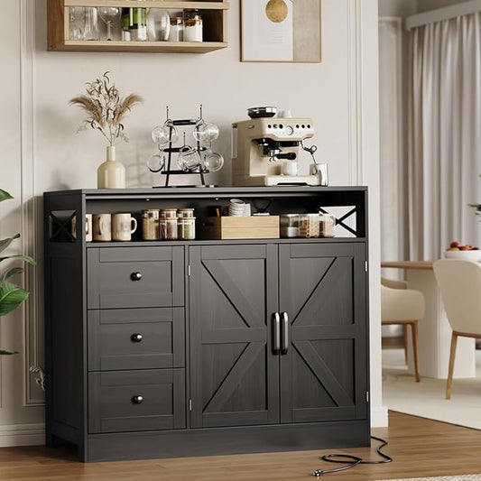 OUTLANE 47In Large Buffet Cabinet, Modern Farmhouse Sideboard with 3 Drawers, Wood Cupboard Storage Pantry Cabinet with 2 Barn Doors&Adjustable Shelf, Storage Cabinet for Living Room, Kitchen, Black