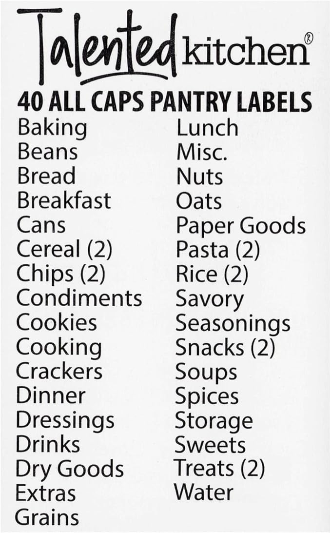 Talented Kitchen Storage Bin & Pantry Labels with Clip-On Holders - 3.5 x 2.5 in White Metal, 8 Clips & 40 Vinyl Tags - Kitchen Shelf Labels