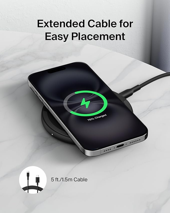 Belkin Wireless Charging Pad 15W - Qi Charger, Charging Station for Apple iPhone 17, iPhone 16/15/14 Series, AirPods, Samsung Galaxy S25, Galaxy S24, Pixel - 5ft Cable Included - Black