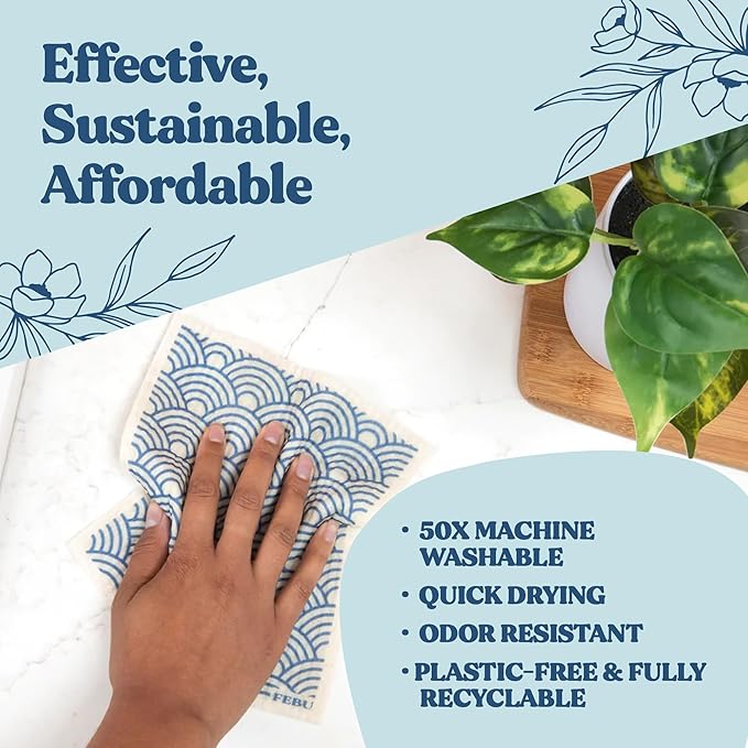 FEBU Swedish Dishcloths for Kitchen | 5 Pack Eastern Reusable Paper Towels Washable | Swedish Dish Towels | Non-Scratch Cellulose Sponge Cloths | No Odor, Biodegradable Cleaning Cloths