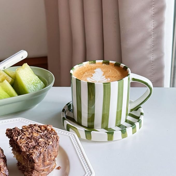 8Oz Stylish Handmade Vertical Striped Coffee Mug Espresso Cups With Saucer, small Hand painted Ceramic Cappuccino Mugs, Glazed Tea Cup, Microwave safe Latte art mug, Spring mug (Green)