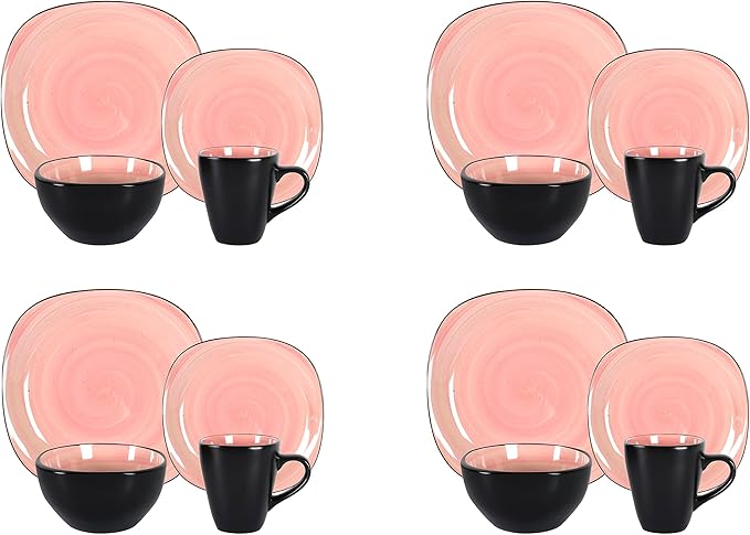 Stoneware Square 16pc Dinnerware Set, Inside Spinwaseh Swirl Rose + Outside Black