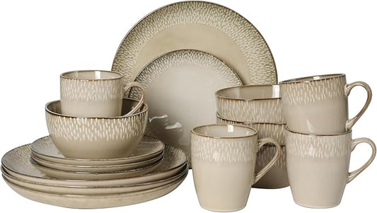 Gibson Elite Jasper 16 Piece Plates and Bowls Reactive Glaze Dishes Stoneware Ceramic Dinnerware Set - Service for 4 - Taupe