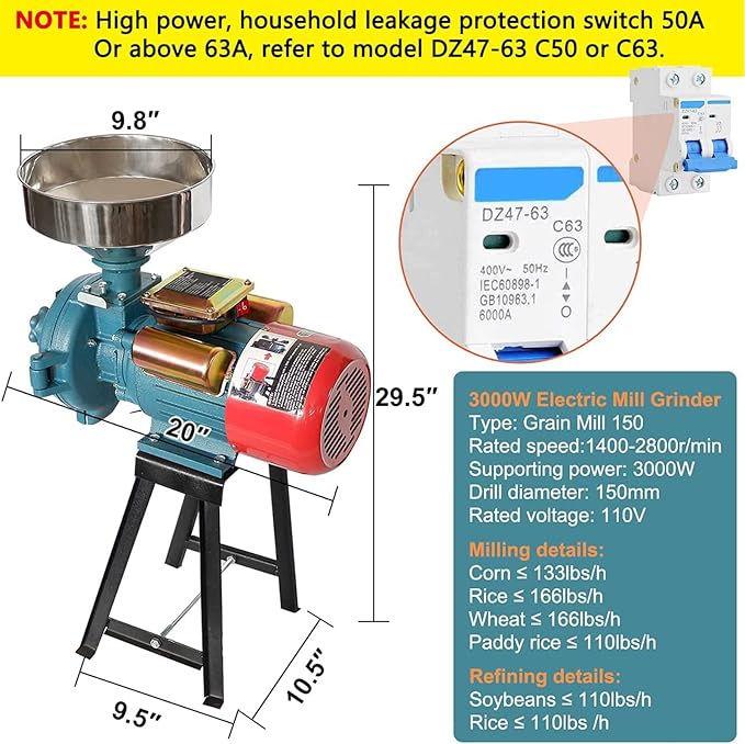 Electric Grain Mill, 3000W 110V Heavy Duty Mill Grinder Heavy Duty Grain Grinder Commercial Electric Feed Mill Dry Cereals Grinders Corn Grain Coffee Wheat Feed Machine With Funnel