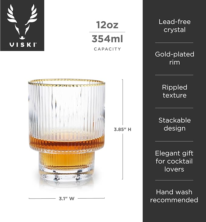 Viski Meridian Lowball Glasses Set of 2 - Premium Crystal Clear Vintage Drinking Tumblers for Whiskey, Scotch & Bourbon in Art Deco Ripple Glassware Design, Gold Rimmed Glassware Gift Set, 12 oz