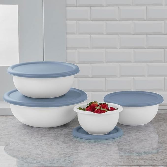 Sterilite Covered Bowl Set, Plastic Nesting Kitchen Mixing Bowls with Pour Spout, Meal Prep Food Storage Containers with Lids, Washed Blue (Set of 18)