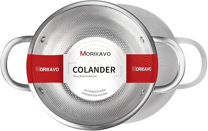 Premium Stainless Steel Colander for Kitchen, Food Strainer Basket with Handle and Solid Ring Base for Fruits Vegetables Rice and Pasta, Dishwasher Safe (3QT)