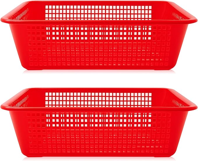 Maxdot 2 Pcs 18.7 x 14.4 x 5.5 Inches Large Plastic Colander for Kitchen Rectangle Perforated Strainer Basket Red Stackable Strainers for Wash Vegetables Fruits Drain Cooked Pasta Food
