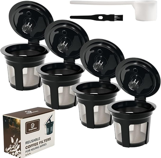 Reusable K Cup for Keurig, Black BPA Free Refillable K-Cup Pod Coffee Filters, Universal Fit Refillable Filters for Keurig 1.0 and 2.0 Coffee Maker (Black- 4 Park)