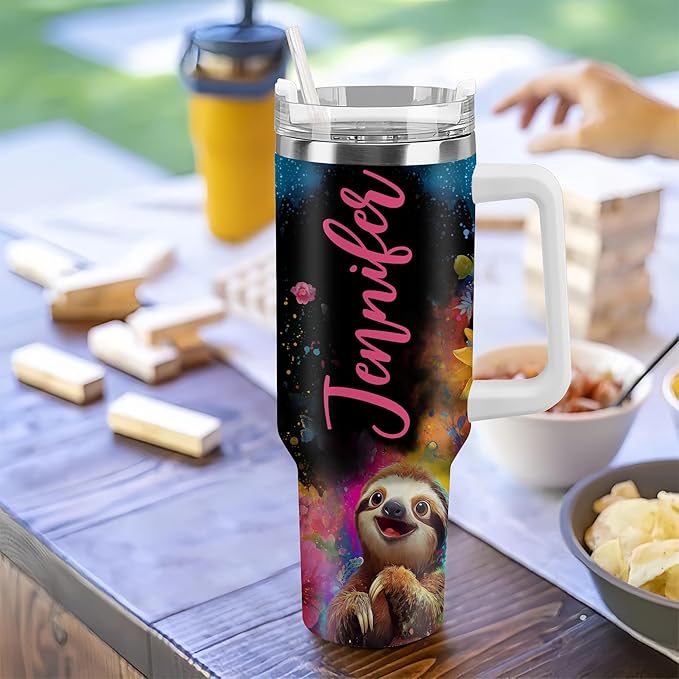 Personalized Sloth 40oz Tumbler with Handle and Straw Gifts for Sloth Lovers, Cute Animal Lover Gifts For Women Girl, Unique Birthday Christmas Gift, Custom Name Stainless Steel Travel Cup