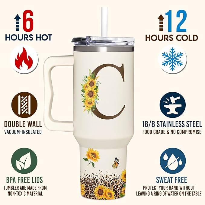 Personalized Birthday Gifts For Women - Sunflowers Monogrammed Cup For Boss Day, Christmas - Customized Gifts For Women, Mom, Wife, Coworkers, Boss Lady, Her - Custom Tumbler With Handle 40oz
