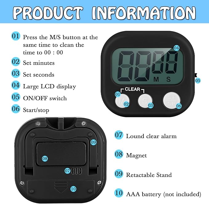 Xuhal 50 Pieces Digital Kitchen Timer Bulk, Small Magnetic Timers for Classroom, Digits Stopwatch Clock Timer for Cooking Baking Sports Games Office, Not Including Battery (Black,White)