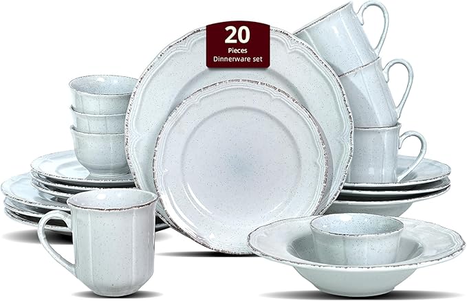 20pc Dinnerware Set, Plate and Bowl Set, Stoneware Dishes Set for 4, Microwave and Dishwahser Safe, Scratch Resistant, French Countryside Speckled Antique Grey