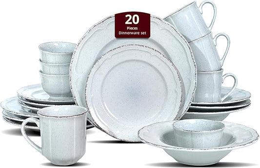 20pc Dinnerware Set, Plate and Bowl Set, Stoneware Dishes Set for 4, Microwave and Dishwahser Safe, Scratch Resistant, French Countryside Speckled Antique Grey