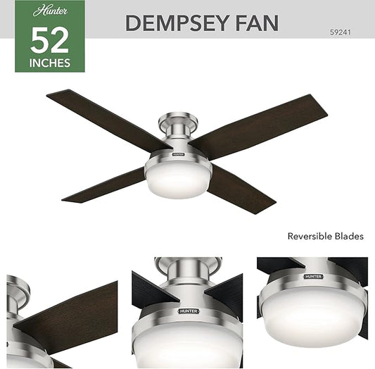 Hunter 52 inch Indoor Ceiling Fan with LED Light and Remote Control - Modern Ceiling Fan, Low Profile Mount, 4 Black Oak Blades, For Bedroom, Living Room, or Kitchen - Dempsey 59241, Brushed Nickel