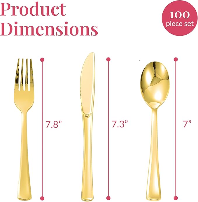 Prestee 100 Piece Gold Plastic Silverware Set - 25 Pre-Rolled Plastic Utensils Set with Forks, Knives, Spoons, and White Napkins - Fancy Disposable Flatware for Dinner Parties, Weddings, and Events