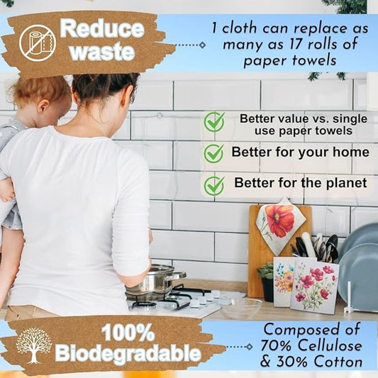 Swedish Dishcloths for Kitchen - Ecofriendly Reusable Paper Towels, Biodegradable Dish Cloths - Cellulose Sponge Dish Cloths for Washing Dishes - 8 Pack (Floral)