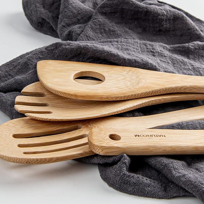 Naturoom Kitchen Utensils Set of 6 PCS, 12Inches Bamboo Wooden Cooking Spoon & Spatula Tools Perfect for Non-Stick Cookware. (Set of 6)
