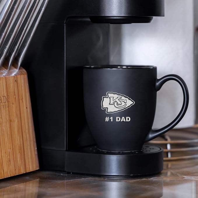 Rico Industries NFL Football #1 Dad 15oz Laser Engraved Matte Black Ceramic Bistro Mug - for Hot or Cold Drinks