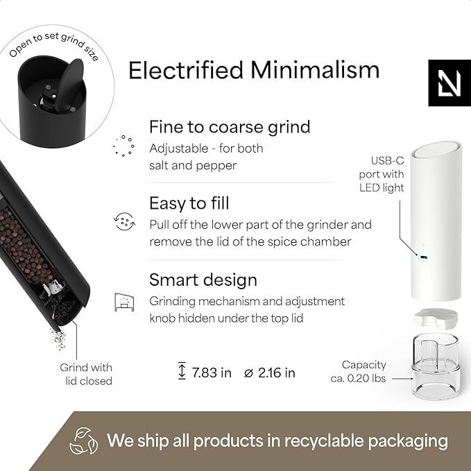 LARS NYSØM Gravity Grinder - Electric Salt & Pepper Grinder Set - USB-C Rechargeable Automatic Spice Grinder, Adjustable Coarseness, One-Handed Operation for Kitchen (Black/White)