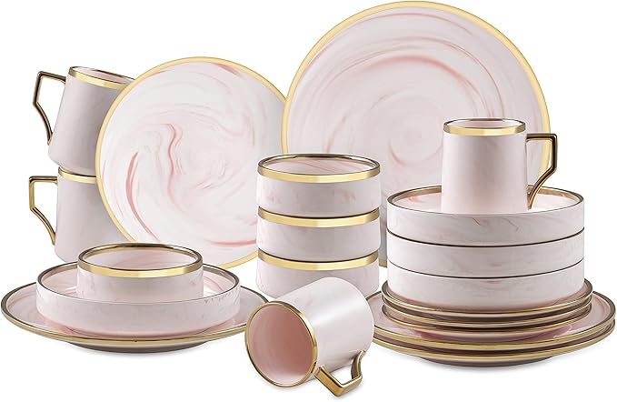 Fine China Artisan Marbled 20pc Dinner Set, Pink with Gold